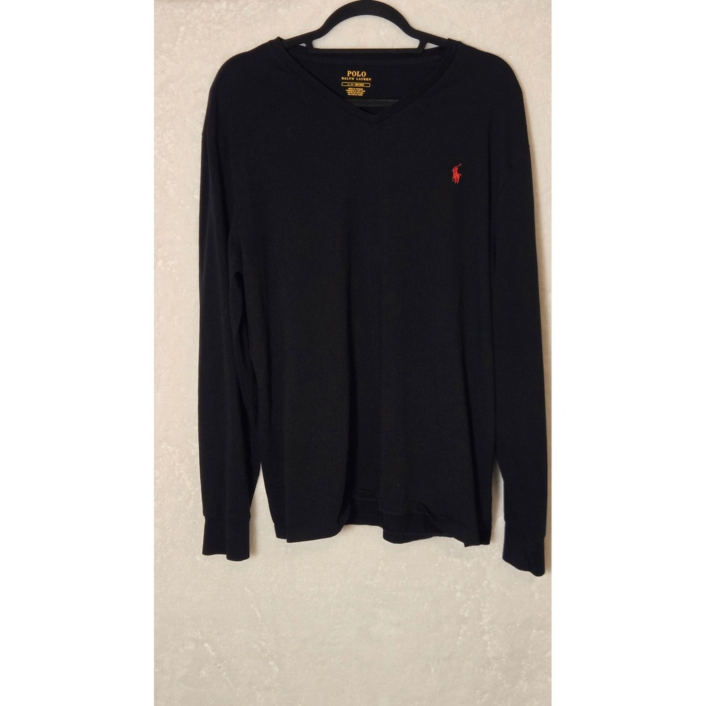 Polo Ralph Lauren Mens V-Neck Long Sleeve T-Shirt Black Red Pony Logo Size Large